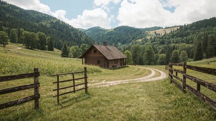 Rustic wooden cabin located in a tranquil mountainous region, surrounded by lush vegetation and a traditional fence within scenic green pastures.