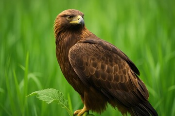 Fototapeta premium Golden eagle perched gracefully on a leafy stem