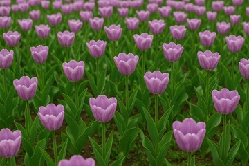 Obraz premium A colorful array of exquisite lilac tulips blooming on a flower bed