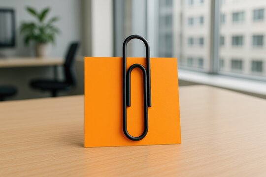 On the desk, a sizeable black paper clip holds a vibrant orange note.