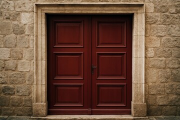 An ancient building with a rich red double door embedded in a stone wall
