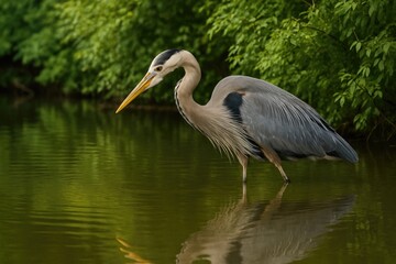 Fototapeta premium A tall blue heron amidst dense foliage by a waterbody, looking for fish to catch