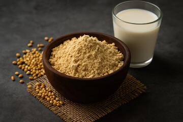 A blend of roasted ground pulses and cereals forming a healthful flour, captured with a moody background and focused detail