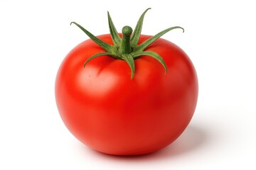 Close-up of a bright red tomato on a plain white surface