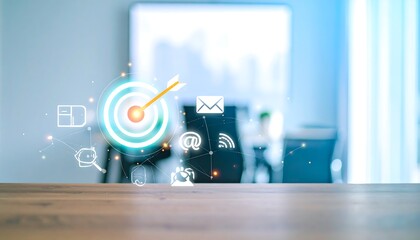 Digital Marketing Target with Arrow and Communication Icons on Table