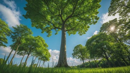 Fototapeta premium Looking up at a grand, leafy tree thriving in its natural habitat from a low angle