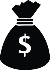 Iconic black silhouette of a money bag with a prominent white dollar sign symbolizing wealth and financial success
