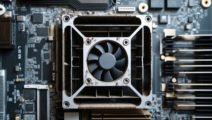 Horizontal perspective of a cluttered and dusty CPU heatsink