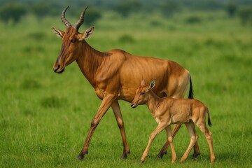 Fototapeta premium Young hartebeest and mother of the Jackson's variety in the wild
