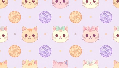 Adorable pastel kawaii cat faces with bows and soft colored yarn balls create a charming seamless pattern on a dotted light background, perfect for children's textiles or cute digital designs