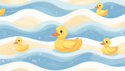 Playful Yellow Rubber Ducks Floating on Gentle Blue and Sandy Waves - A Whimsical Illustration Depicting Bathtime Fun and Childhood Joy in a Serene Aquatic Setting