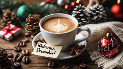 Warm beverage and festive note on a decorated table celebrating December