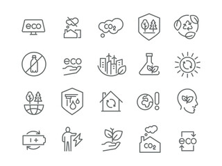 Set of icons created by man on the theme of Ecology, eco city, recycling garbage, saving electricity and the environment. Editable vector ready to use
