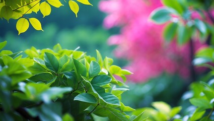 Vibrant green foliage frames soft focus pink flowers in a garden