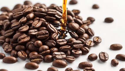 Fototapeta premium Coffee beans stacked together with liquid coffee drizzled over them on a white backdrop