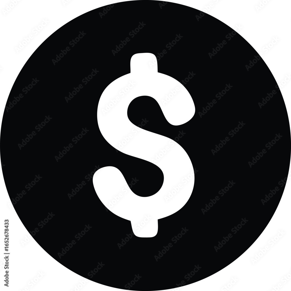 Poster simple black and white icon of a dollar sign centered within a circle representing currency