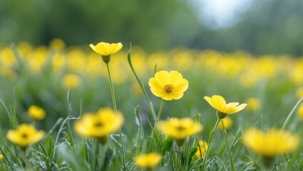 Fototapeta premium Focus on a vibrant yellow buttercup meadow in soft detail