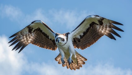 Obraz premium An impressive raptor soars above with wings fully extended in flight.