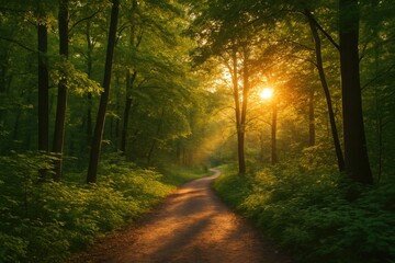 Obraz premium A green pathway leading toward sunset scenery