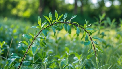 Obraz premium Green bitter wormwood branch arching through a vibrant summer thicket
