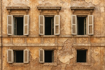 Obraz premium Old edifice with open window frames and a damaged facade, highlighting classical architectural features.