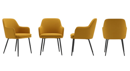 Modern yellow chair with fabric upholstery and black metal legs, shown from multiple angles in a bright studio isolated on transparent background