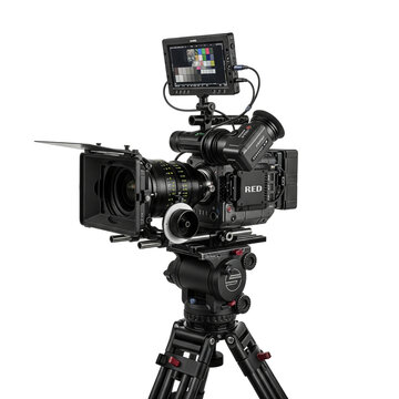 Professional digital cinema camera on tripod isolated on transparent background