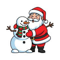 A cheerful Santa Claus embraces a snowman, showcasing a festive and joyful winter scene.