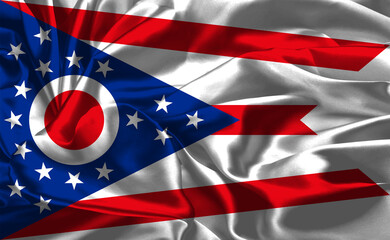 Ohio flag waving gently in the breeze under soft sunlight
