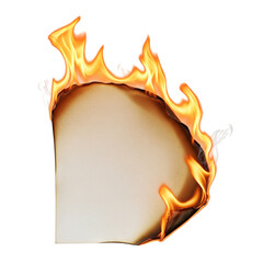 Corner of paper burning with bright orange flames isolated on transparent background