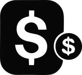Bold black and white icon featuring a large dollar sign with a smaller coin dollar sign overlay