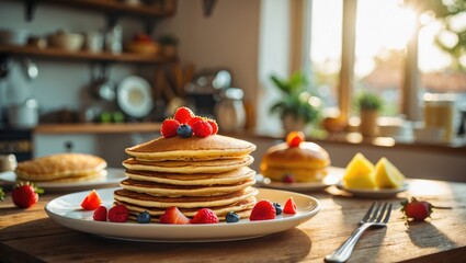 A plate of delicious pancakes on a dining table