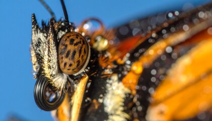 Stunning macro photography of a butterfly's compound eye adorned with morning dew droplets, revealing nature's intricate patterns and textures