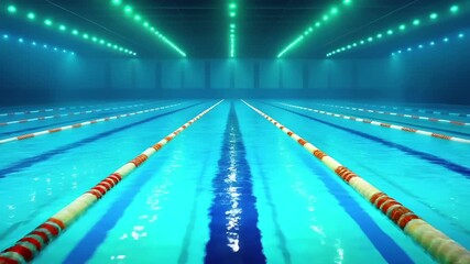 Underwater views showcasing a brightly lit indoor swimming pool at night with lanes marked for training sessions