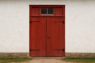 Antique scarlet timber door on aged edifice