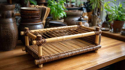 Bamboo storage basket on wooden surface
