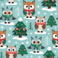 Seamless pattern. A whimsical pattern featuring cute owls and trees, perfect for festive decorations and holiday projects.