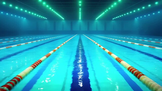 Underwater views showcasing a brightly lit indoor swimming pool at night with lanes marked for training sessions - Powered by Adobe