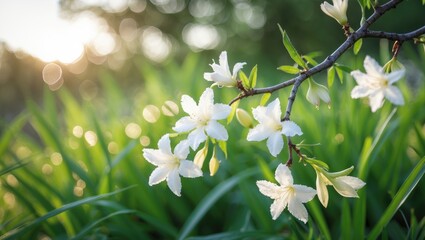 Fototapeta premium Bokeh shot featuring water jasmine flowers on a branch amidst grass, known as Mexican sword plant, native to South American regions.