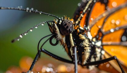 Monarch Butterfly Close-Up Wet Wings and Intricate Patterns