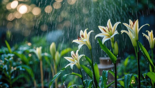 Lily stems soaked from summer rain amidst a floral garden with a bokeh effect