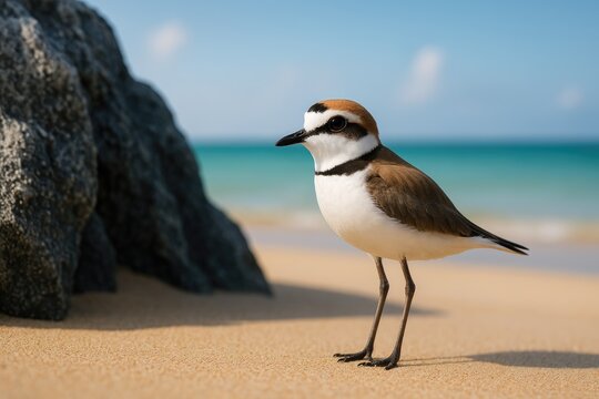 Kentish Plover adult perched by a rocky beachside water habitat