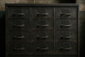 Old-fashioned black metal cabinet featuring rustic drawers in a workshop setting