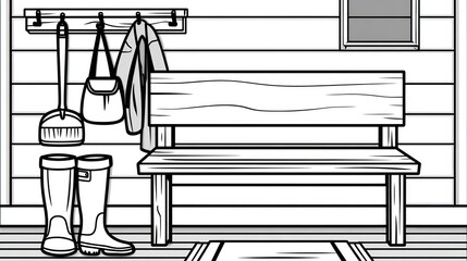 Black & white porch scene with bench, boots, bag, and dustpan