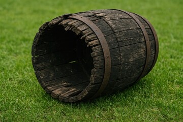 Old weathered timber barrel abandoned in the yard