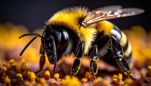 A fuzzy bumblebee diligently collects pollen from vibrant yellow flowers, highlighting its vital role in natural pollination and ecosystem health