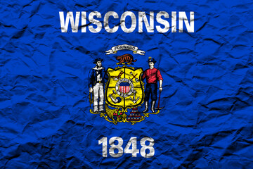 Wisconsin state flag displayed with historical symbols and rich colors