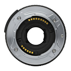 Camera lens mount with electrical contacts isolated on transparent background