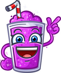 Fun purple slushie cartoon character mascot with straw, smiling face, and playful cool attitude. Refreshing frozen drink illustration perfect for food, beverage, and summer designs.