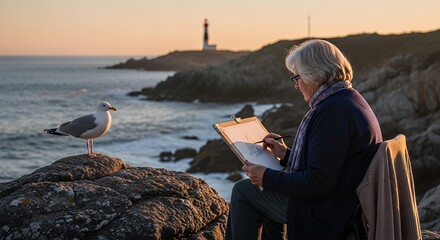 Artist Woman Sketching Coastal Landscape with Seagull and Lighthouse at Golden Hour